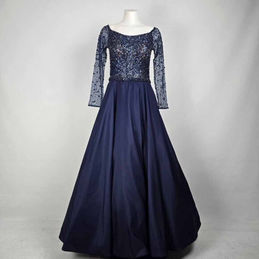 Mori Lee Navy Blue Beaded Long Sleeve Taffeta Skirt Event wear Gown